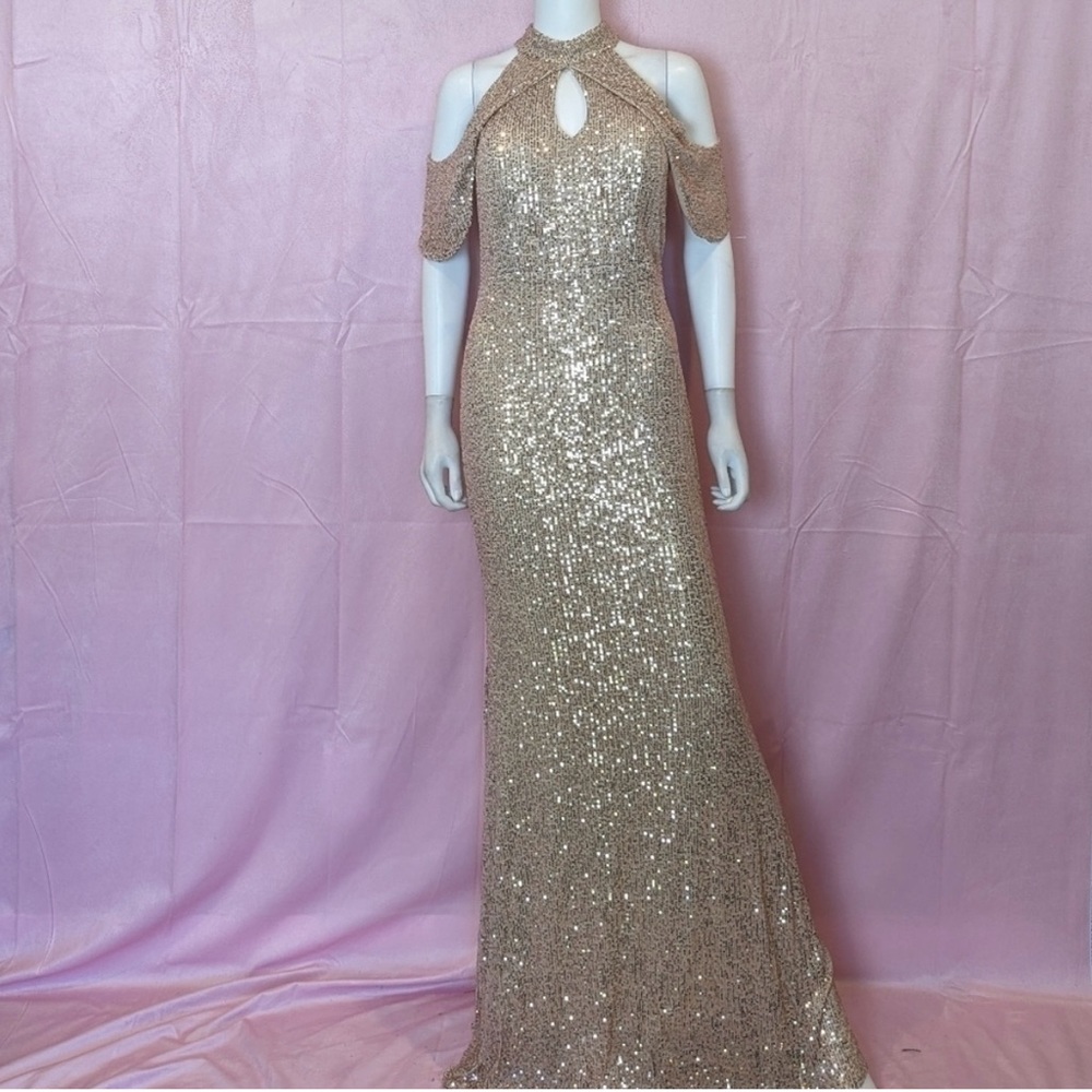 Champagne Gold Sequins Cold Shoulder  Keyhole Neck Mermaid Formal Dress size XL